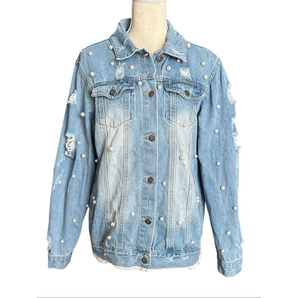 Distressed Pearl Studded Denim Jacket XL The Style Between Us